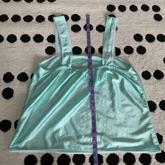 Vintage 90s Teal Satin Lace Trim Square Neck Camisole Boho Chic Crop Tank Top - Picture 13 of 16
